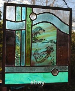 Stained Glass Window Panel mermaid turquoise blue green