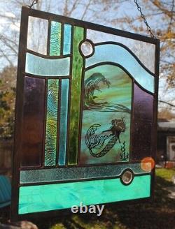 Stained Glass Window Panel mermaid turquoise blue green