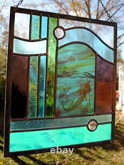 Stained Glass Window Panel mermaid turquoise blue green