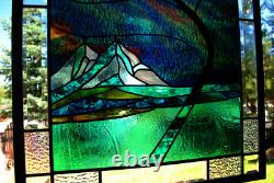 Stained Glass Window Panel mountain tree northern lights bevel