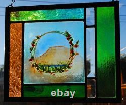 Stained Glass Window Panel mountain wreath peach flowers gold green