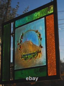 Stained Glass Window Panel mountain wreath peach flowers gold green