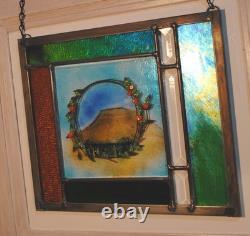 Stained Glass Window Panel mountain wreath peach flowers gold green