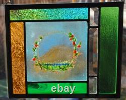 Stained Glass Window Panel mountain wreath peach flowers gold green