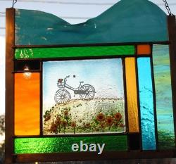 Stained Glass Window Panel sunflowers bicycle mist landscape