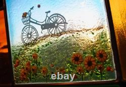 Stained Glass Window Panel sunflowers bicycle mist landscape