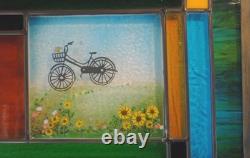Stained Glass Window Panel sunflowers bicycle mist landscape