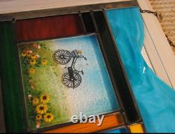 Stained Glass Window Panel sunflowers bicycle mist landscape