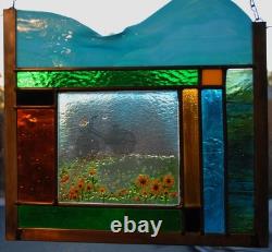 Stained Glass Window Panel sunflowers bicycle mist landscape