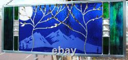 Stained Glass Window Panel two trees beveled blue mountain