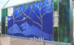 Stained Glass Window Panel two trees beveled blue mountain