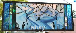 Stained Glass Window Panel two trees heron blue green turquoise
