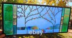 Stained Glass Window Panel two trees mountain cattails river green turquoise