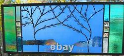 Stained Glass Window Panel two trees mountain cattails river green turquoise