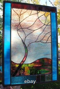 Stained Glass Window Panel windy tree purple gold turquoise