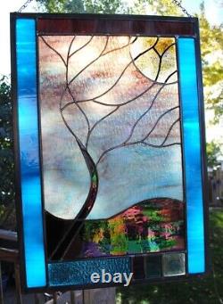 Stained Glass Window Panel windy tree purple gold turquoise