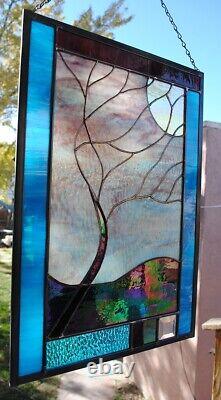 Stained Glass Window Panel windy tree purple gold turquoise