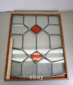 Stained Glass Window Panel with Wood Frame Geometric Design, Signs of Use