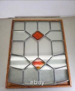 Stained Glass Window Panel with Wood Frame Geometric Design, Signs of Use