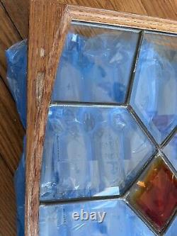 Stained Glass Window Panel with Wood Frame Geometric Design, Signs of Use