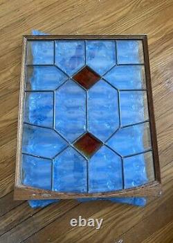 Stained Glass Window Panel with Wood Frame Geometric Design, Signs of Use