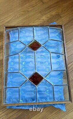 Stained Glass Window Panel with Wood Frame Geometric Design, Signs of Use