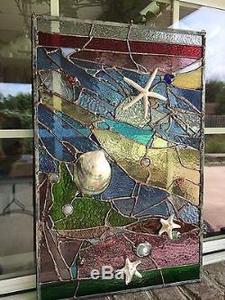Stained Glass Window Sea Shell Starfish Coral Suncatcher Ocean Panel OOAK