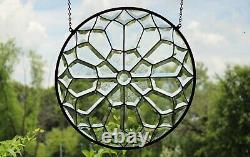 Stained Glass clear beveled Mandala, large 19 inch handmade window hanging, pane