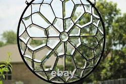 Stained Glass clear beveled Mandala, large 19 inch handmade window hanging, pane