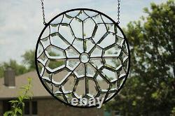 Stained Glass clear beveled Mandala, large 19 inch handmade window hanging, pane