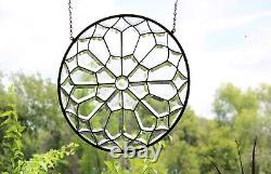 Stained Glass clear beveled Mandala, large 19 inch handmade window hanging, pane