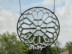 Stained Glass clear beveled Mandala, large 19 inch handmade window hanging, pane