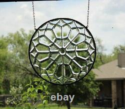 Stained Glass clear beveled Mandala, large 19 inch handmade window hanging, pane