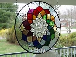 Stained Glass panel with old dish-colorful