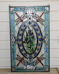 Stained glass Jeweled window panel Dragonfly & Iris Flowers, 20.5 x 34.75