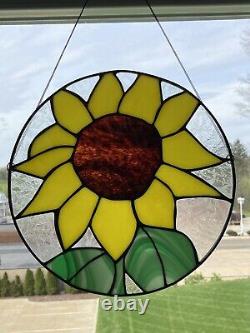 Stained glass SUNFLOWER Round window panel Usa Handcrafted