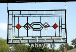 Stained glass/ beveled/clear/ red/hanging windowithpanel/, large 28 3/4x 16 3/4