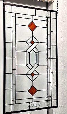 Stained glass/ beveled/clear/ red/hanging windowithpanel/, large 28 3/4x 16 3/4