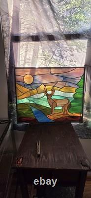 Stained glass panel featuring a buck in a landscape setting, Tiffany Style