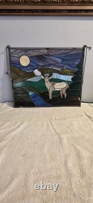 Stained glass panel featuring a buck in a landscape setting, Tiffany Style