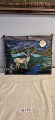Stained glass panel featuring a buck in a landscape setting, Tiffany Style