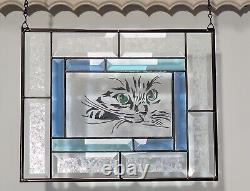 Stained glass panel, window hanging Green Eyed Cat 14 3/8 x11 3/8 fused