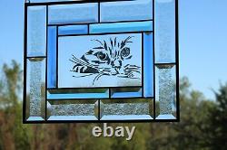 Stained glass panel, window hanging Green Eyed Cat 14 3/8 x11 3/8 fused