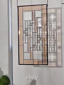 Stained glass panel, window hanging, clear, frosted, brown bevels 24.5x12.5