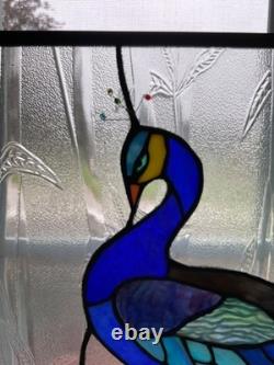 Stained glass peacock flower bamboo window panel framed. Nice