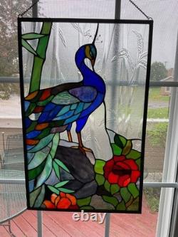 Stained glass peacock flower bamboo window panel framed. Nice