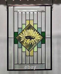 Stained glass sunflower with bevels window panel hanging 16 3/8x11 3/8 (42x29cm)