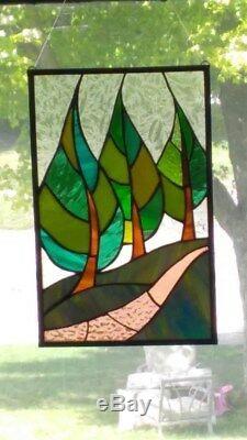 Stained glass tree window panel, art deco, abstract, hand crafted