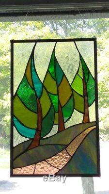 Stained glass tree window panel, art deco, abstract, hand crafted