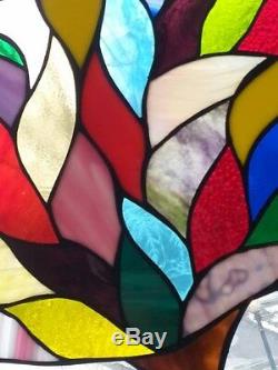 Stained glass tree window panel, art deco, abstract, hand crafted